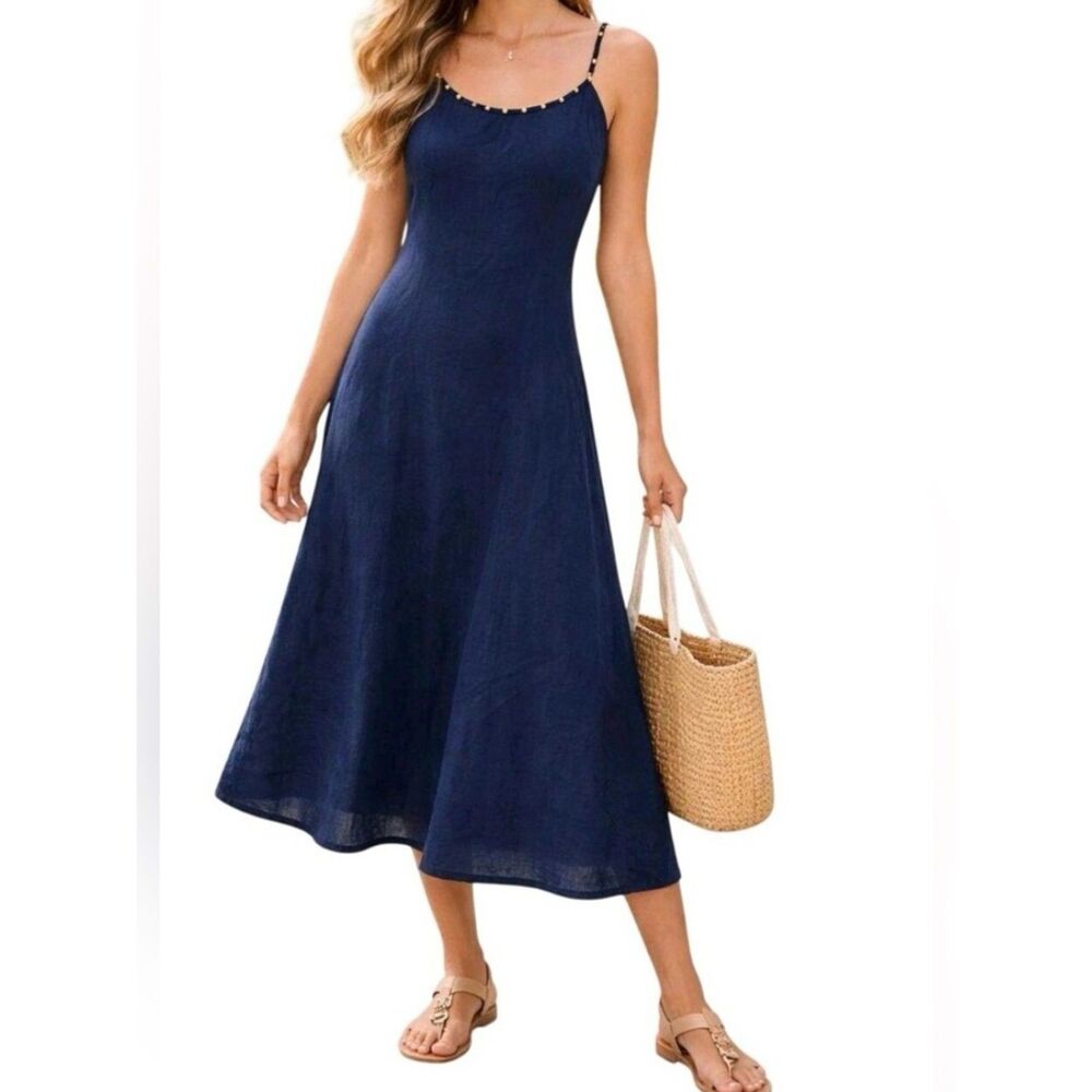 Calypso St Barth Navy Midi Dress Linen Blend Beaded Neckline Size M A line Beach